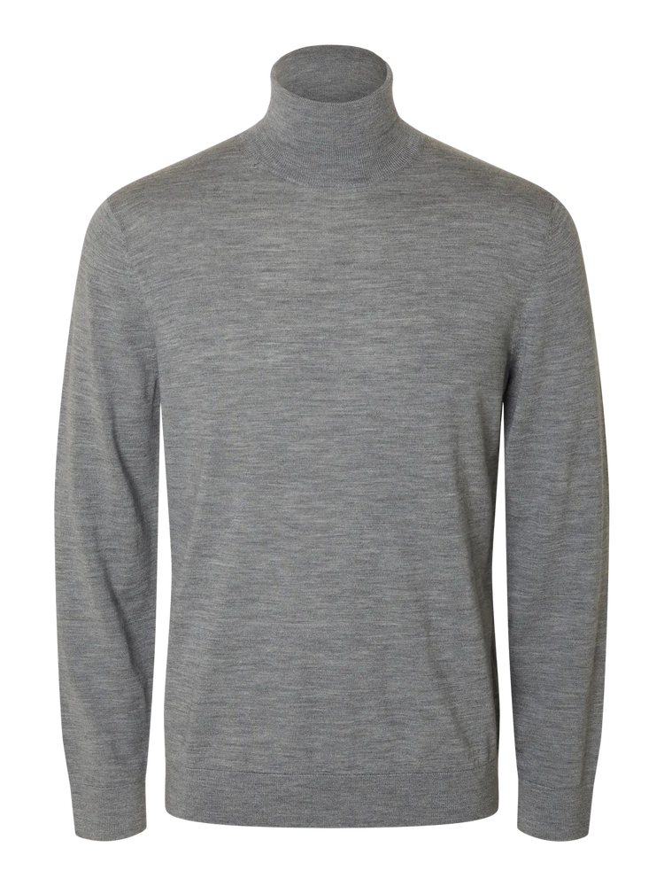 Selectedhomme slhtray knit merino roll neck medium grey melange