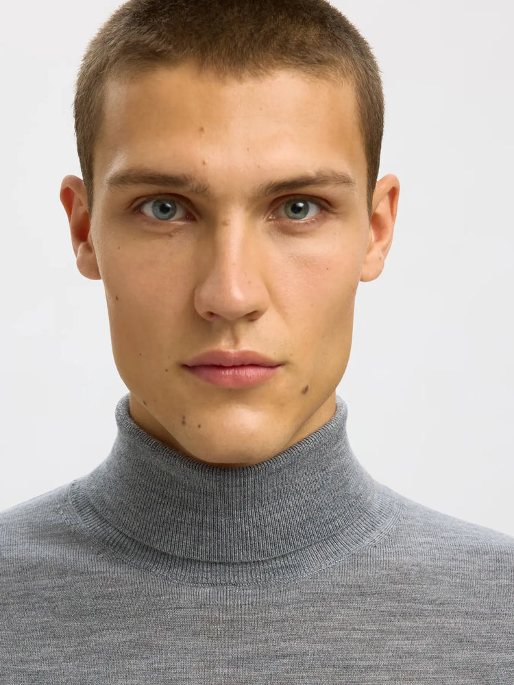 Selectedhomme slhtray knit merino roll neck medium grey melange