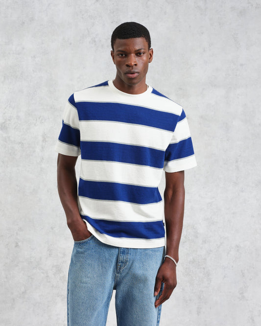 Wax london dean ss tee block stripe blue ecru