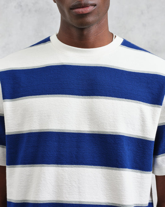 Wax london dean ss tee block stripe blue ecru