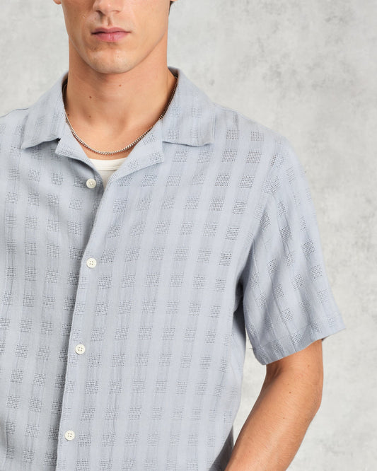 Wax London didcot ss shirt open weave grid pale blue