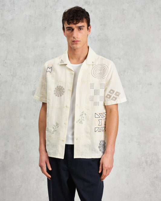 Wax London didcot ss shirt doodle embroidery ecru multi
