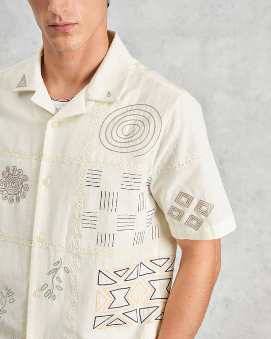 Wax London didcot ss shirt doodle embroidery ecru multi