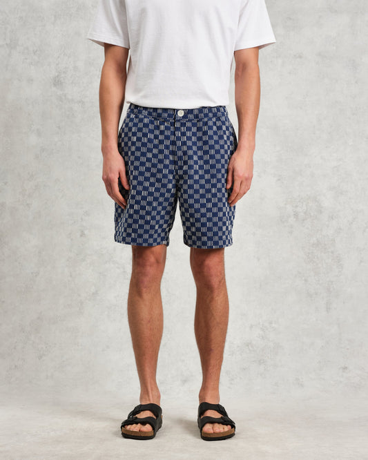 Wax London kurt short grid stitch indigo ecru