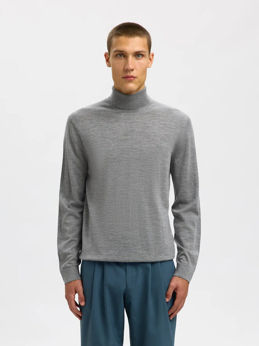 Selectedhomme slhtray knit merino roll neck medium grey melange